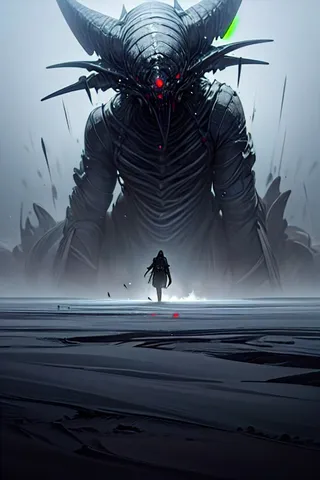 A huge terrifying monster with red glowing eyes looms in a foggy, icy desert while a small figure approaches it during a blizzard.