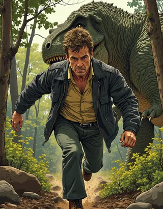 Dr. Ian Malcolm wearing a black leather jacket running aggressively through a dense jungle with a large T-Rex roaring and crashing through trees closely behind him.