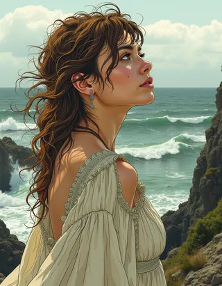 A woman wearing a flowing white dress stands on a rocky cliff, wind blowing her hair, looking toward a turbulent ocean under a cloudy sky.