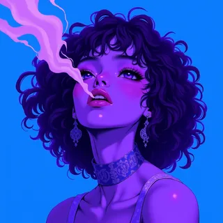 Illustration of a woman with curly dark hair releasing pinkish-purple smoke from her mouth against a vivid blue background, rendered in purple scale colors with detailed earrings and a decorated choker.
