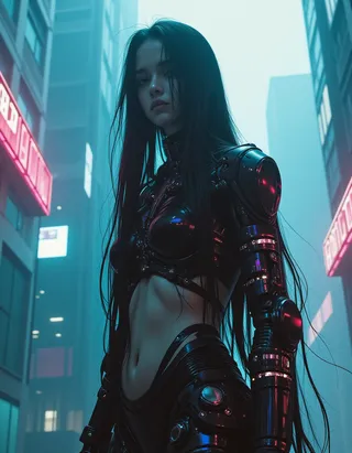 A female cyborg with long black hair and cybernetic limbs stands in a misty futuristic city illuminated by soft neon lights.