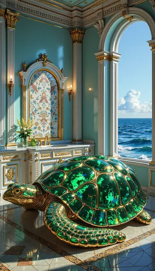 Opulent bathroom featuring a large malachite sea turtle-shaped bathtub with gold inlays, natural ocean view through arched window, and detailed mosaic floor.