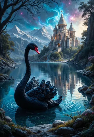 A detailed fantasy scene of a black swan with a red beak swimming on a freezing lake near a picturesque castle, surrounded by snowy mountains and a stardust-lit sky.