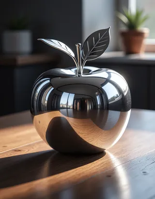 A highly reflective polished steel apple sculpture with two detailed metal leaves, placed on a sunlit wooden kitchen table in a modern kitchen setting.