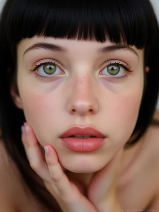 Close-up portrait of a young woman with pale skin, green eyes, freckles on her cheeks and nose, black straight hair with blunt bangs, and full pink lips slightly parted.