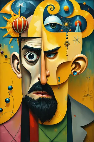 A vivid and hyperdetailed abstract portrait combining cubist and surrealist elements with split faces, inspired by Picasso and Salvador Dali.