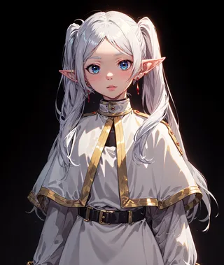 Portrait of an elf girl with long white hair in twin tails, blue eyes, pointy ears, wearing a white capelet with gold trim and black belt on a black background.