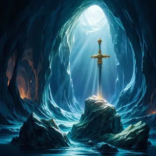 The holy sword of Camelot embedded in a boulder inside a moonlit cave with a river and submerged terrain visible through a cave opening.