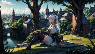 A white-haired elf girl with twintails and a white capelet sits on stone steps outside a medieval city with brick walls and rooftops under a blue sky.