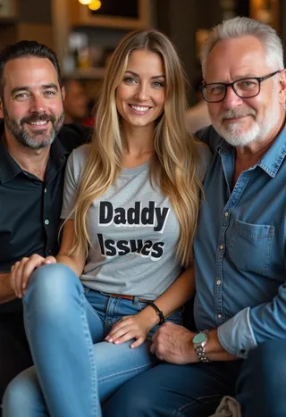 Smiling blonde woman with long hair wearing a gray Daddy Issues shirt sitting between two men in jeans indoors.