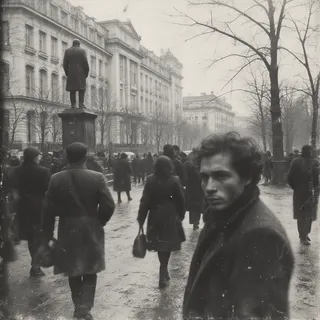 Black and white vintage street photo of 90s Russia showing a Lenin statue in front of a government building, with people walking and a man in a coat looking at the camera under cloudy fall weather.