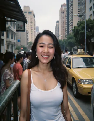 Asian woman wearing a white tank top smiling on a busy 90s Hong Kong street with taxis, crowds, and tall buildings.