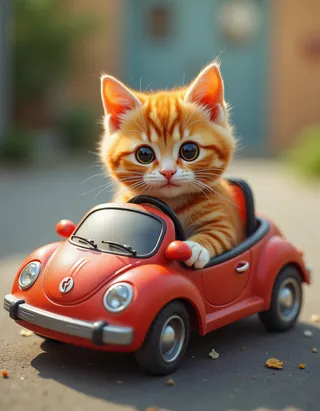 An orange tabby kitten sitting inside a red tiny toy car, captured in sharp focus with vivid colors and intricate details.