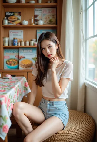 A young woman with long straight hair wearing a sheer white top and light blue shorts seated on a woven mat in a cozy room, bathed in natural light coming through a window.