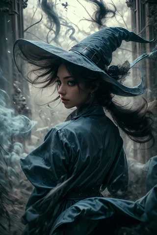 A detailed portrait of an elven witch with a large pointed hat and flowing hair, wearing a blue dress, surrounded by dark magic and floating particles in a ruined castle background.