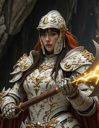 Fantasy oriental female knight in ornate white plated armor with golden embellishments and two-tone hair, holding a magical battleaxe crackling with yellow electrical energy, posed in a dimly lit cave.