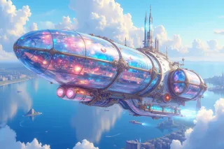 A sleek crystalpunk airship with illuminated crystalline panels, flying over the open ocean with a large coastal city visible in the background under a bright sky.