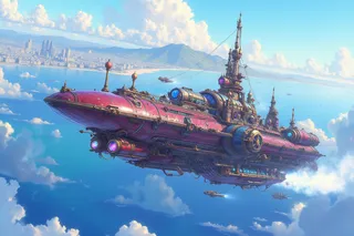 A sleek ninjapunk airship floating in a bright blue sky above the open ocean, with a large coastal city visible in the distance and fluffy clouds below.