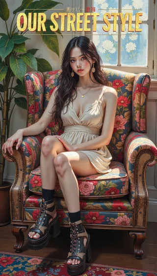 A young woman with long dark hair and porcelain skin lounges in a floral chintz armchair, wearing a gauzy white sundress and black platform sandals, bathed in soft nostalgic light.