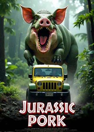 Movie poster for Jurassic Pork featuring a massive hybrid dinosaur-pig creature with reptilian skin, open mouth showing large teeth, chasing a yellow and green 4x4 in a rainy jungle setting.