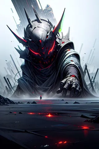 A dark, spiked armored figure with glowing red eyes reaches out in a foggy, icy desert with blizzard conditions and harsh weather.