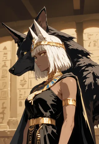 Dark-skinned Egyptian princess with white hair and wolf ears wearing black dress and golden jewelry standing beside a large black wolf with hieroglyphics in background.