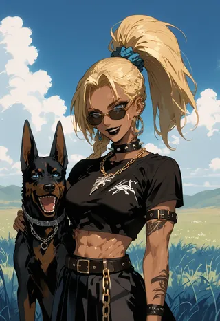 A dark-skinned female with blonde high ponytail and tattoos wearing sunglasses and a black crop top stands beside a Doberman dog in an outdoor field under a cloudy sky.