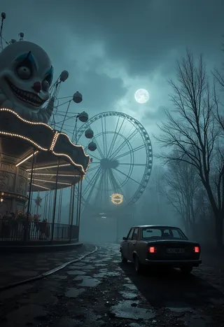 Eerie abandoned carnival at night featuring a creepy clown statue, dimly lit Ferris wheel, an old car on wet ground, and a moon shining through clouds.