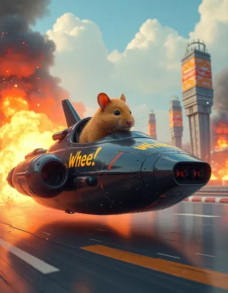 A cute hamster driving a sleek black hovercraft with the yellow decal text 'Whee!' on a futuristic racetrack, with explosions and cyberpunk style background.