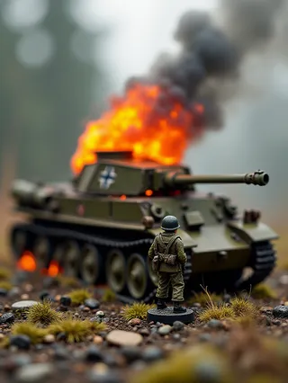 Tabletop miniature of a World War 2 Soviet soldier standing near a burning and damaged German Panzer IV tank in a detailed war diorama.