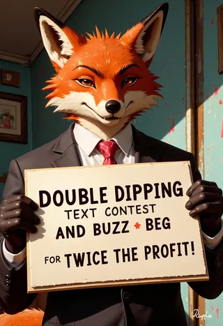 Anthro fox wearing a suit and red tie holding a sign that reads 'DOUBLE DIPPING TEXT CONTEST AND BUZZ BEG FOR TWICE THE PROFIT' in a playful, rounded font, oil painting style.