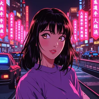 Anime girl with short black hair wearing a purple top, standing in a vibrant neon-lit cityscape inspired by chinapunk aesthetics, with pink and amber lighting