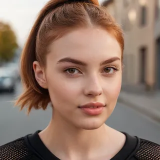 Close-up portrait of a young woman with ginger hair tied in a short bun, brown large eyes, and wearing a black mesh sweatshirt, standing in an urban street setting with soft afternoon light.