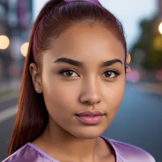 Close-up portrait of a young Maori woman with red hair pulled back, hazel eyes, and smooth skin wearing a light purple satin blouse against a blurred foggy boulevard background.