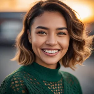 Close-up smiling young woman with short golden wavy bob hair and brown eyes wearing a green sweater dress, illuminated by cinematic sunset lighting.