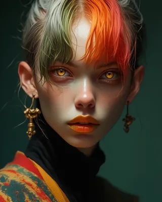 A hyper-realistic portrait of a young person with multicolored hair, golden-orange eyes, orange lipstick, and intricate golden earrings, captured in cinematic lighting.