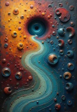 Digital daguerreotype artwork showcasing magic realism with swirling patterns and sgraffito shapes on a textured surface, featuring vibrant colors and lens flare effect.