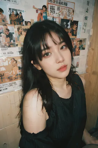 Close-up portrait of a young woman with long black hair wearing a black dress, posing indoors against a wall covered with a collage of photos and papers.