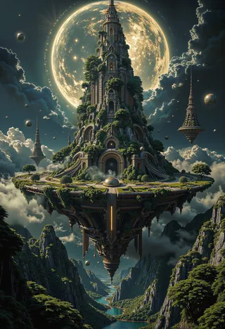 A dramatic floating island featuring an epic, intricately detailed tower surrounded by lush greenery under a glowing full moon in a surreal night sky above a winding river valley.