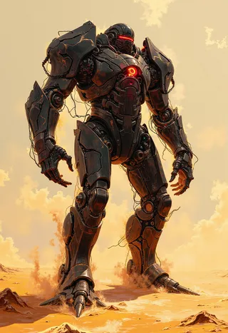 A towering humanoid machine covered in dark, sleek metal armor stands in a desolate desert under a blazing sun, glowing red slit eyes shining ominously.