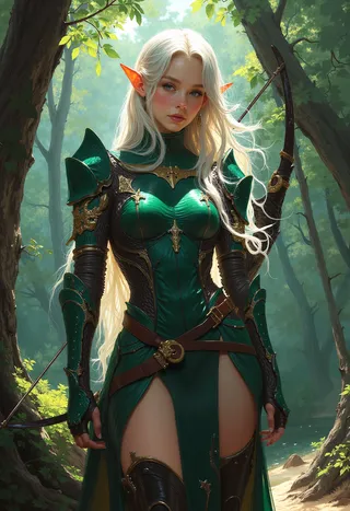 A female elf with long silver-white hair and pointed ears wears emerald green armor with gold details, holding a bow in a lush forest setting.