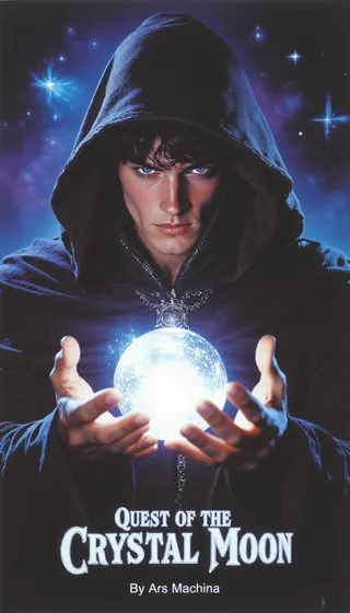 Young man in a black hooded cloak holding a glowing crystal ball against a vibrant starry nebula background, from a fantasy movie poster titled Quest of the Crystal Moon.
