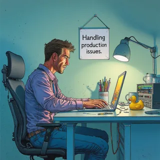 A frustrated developer working at an office desk illuminated by laptop screen light, with a sign saying 'Handling production issues' on the wall, a hot coffee mug, and a yellow rubber duck nearby, rendered in Moebius style.