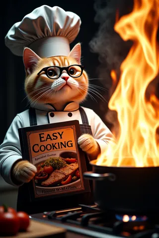 A cat wearing black-rimmed glasses and a chef’s outfit holds a cookbook titled 'Easy Cooking' beside a stove with high flames.