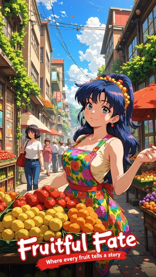 A lively anime market street on a sunny day with a smiling female fruit vendor wearing a colorful floral apron standing behind a table of vibrant fruits including apples and oranges.