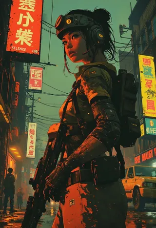 Cyberpunk Japanese woman wearing red and black sci-fi power armour and headphones, holding an assault rifle on a neon-lit street at night with bokeh lighting.