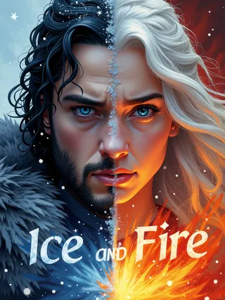 Split portrait of Jon Snow on the icy left side and Daenerys Targaryen on the fiery right side with a dramatic collision of ice and fire at the center and 'Ice and Fire' text below.