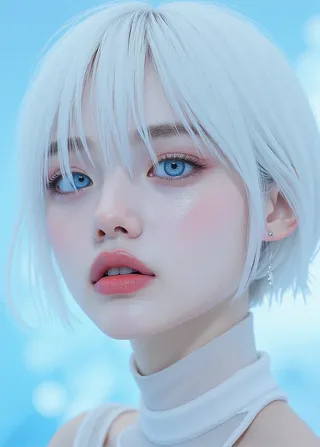 Close-up portrait of a woman with icy white short hair, vibrant light blue eyes, flawless pale skin, and glossy pink lips, set against a soft blue background.