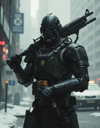 Dark fantasy knight dressed in black futuristic robotic armor holding an angular laser gun over his shoulder standing in a misty urban street.