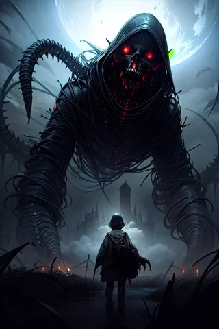 A massive Lovecraftian monster with glowing red eyes and a skeletal face looms over a lone figure standing under a foggy night sky with a dark castle in the background.